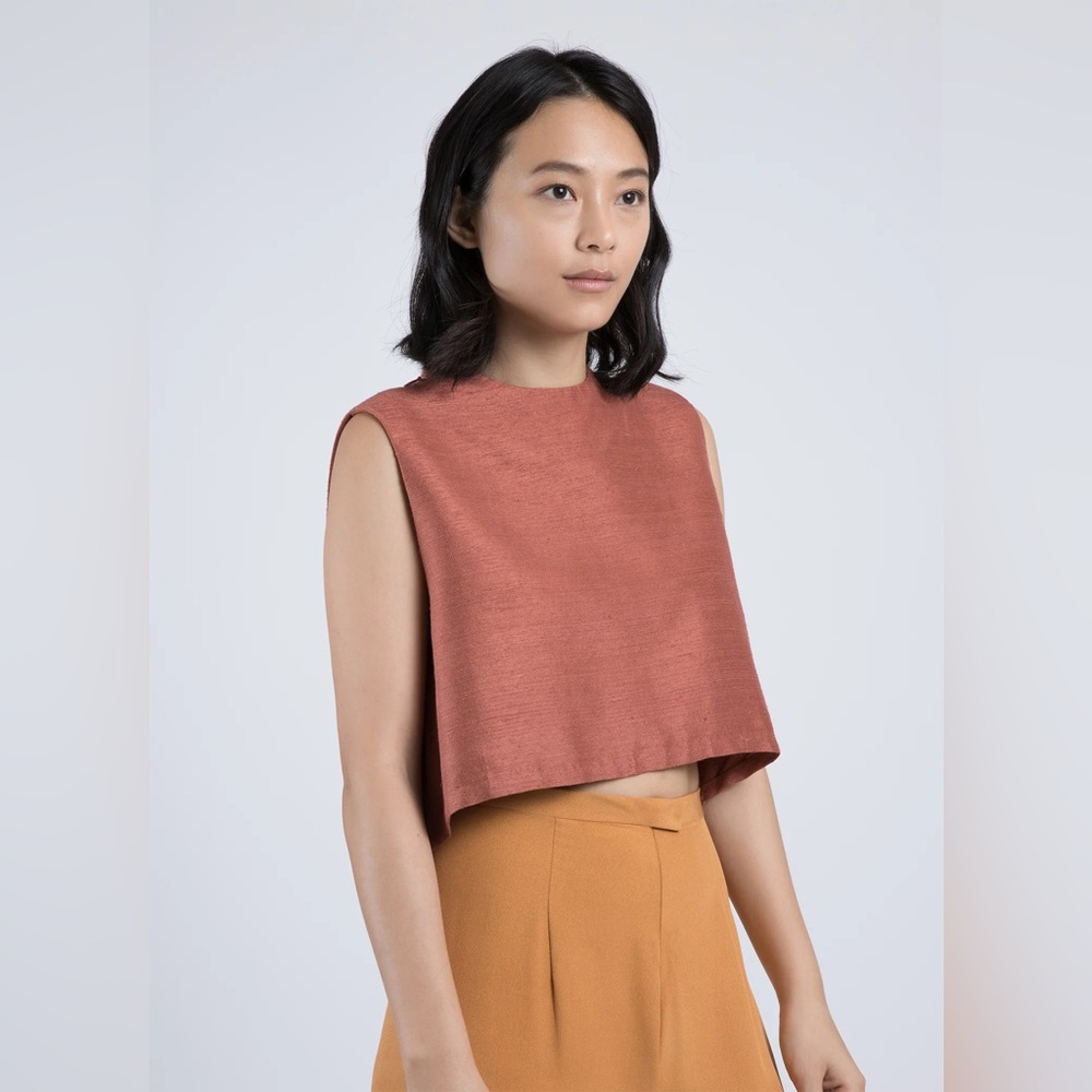 Kaarem Wind Chime Raised Collar Cropped Silk Top - Terra Cotta - Small